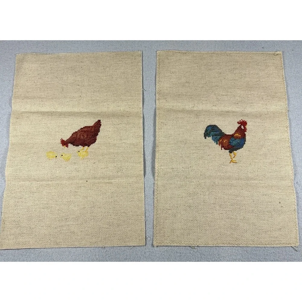 Vtg Pair Completed Cross Stitch Rooster Hen Chicks on Linen Unframed 11.5